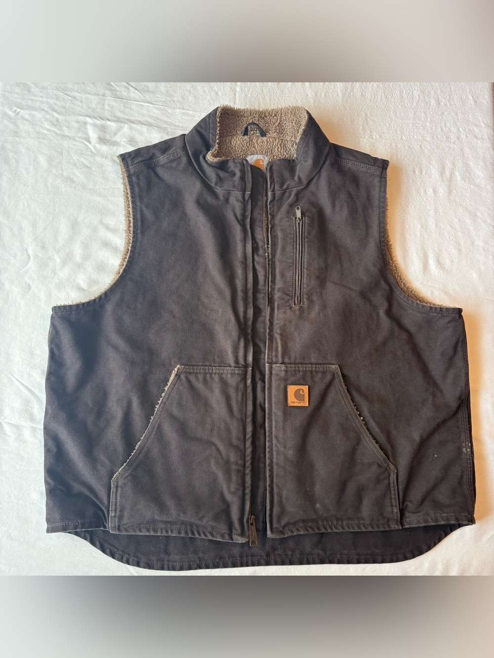 Carhartt Dark Brown Sherpa-Lined Vest Rugged Cotton Duck Exterior Warm Interior